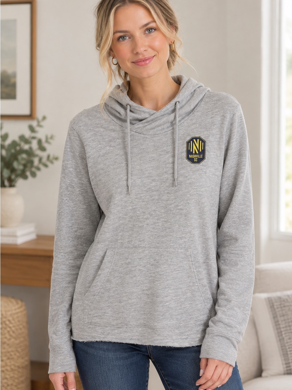 Antigua Women’s Heather Gray Cowl Neck Hoodie Nashville Soccer Club Logo — Large